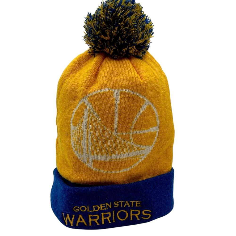 Golden State Warriors Adidas NBA Basketball Pom Pom Knit Hat Beanie Blue Gold